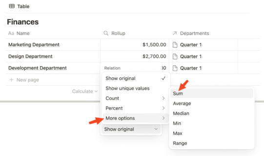 Notion - database sum options